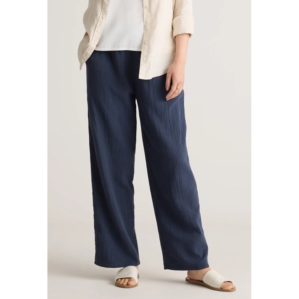 Quince Womens M Organic Cotton Gauze Straight Leg Pants Indigo Blue NWT